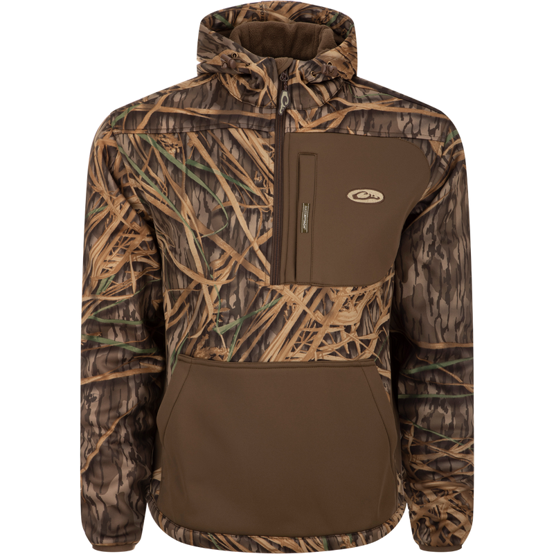 MST Endurance Hoodie With Kangaroo Pouch featuring a camouflage pattern, deep quarter-zip neck, vertical Magnattach™ chest pocket, and adjustable fleece-lined hood.