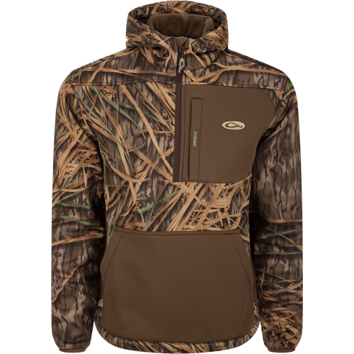 MST Endurance Hoodie With Kangaroo Pouch featuring a camouflage pattern, deep quarter-zip neck, vertical Magnattach™ chest pocket, and adjustable fleece-lined hood.