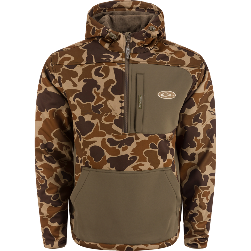 MST Endurance Hoodie With Kangaroo Pouch featuring a camouflage pattern, quarter-zip neck, Magnattach™ chest pocket, zippered pockets, and fleece-lined hood.