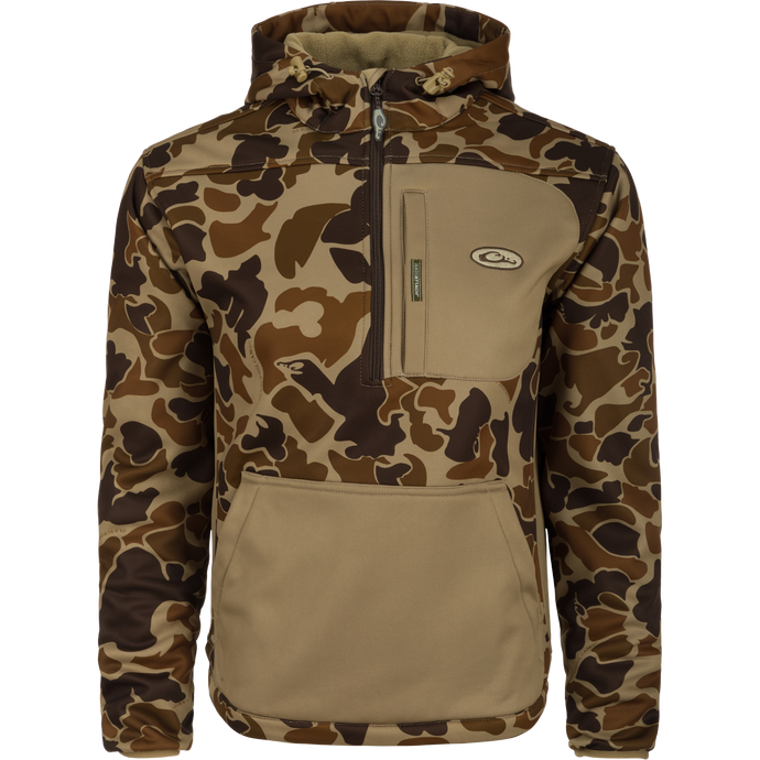 MST Endurance Hoodie with Kangaroo Pouch featuring camouflage pattern, zippered chest pocket, and adjustable fleece-lined hood, designed for comfort and mobility in warmer conditions.