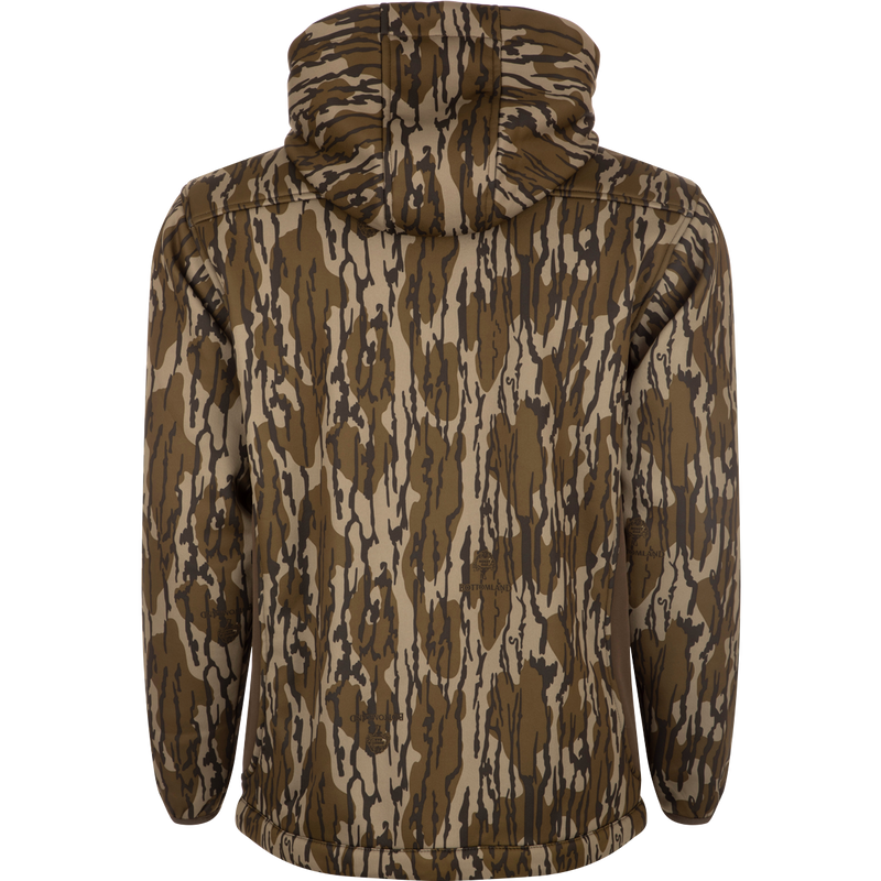 MST Endurance Hoodie With Kangaroo Pouch featuring a camouflage design, zippered chest pocket, and adjustable fleece-lined hood. Ideal for warm weather hunting gear.