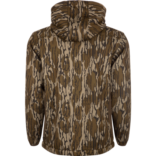 MST Endurance Hoodie With Kangaroo Pouch featuring a camouflage design, zippered chest pocket, and adjustable fleece-lined hood. Ideal for warm weather hunting gear.