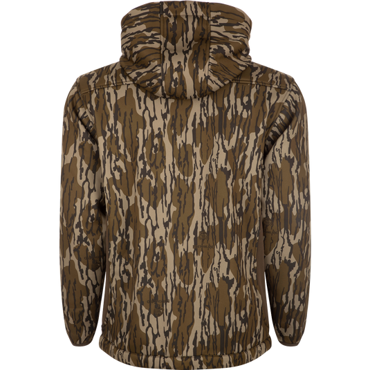 MST Endurance Hoodie With Kangaroo Pouch featuring a camouflage design, zippered chest pocket, and adjustable fleece-lined hood. Ideal for warm weather hunting gear.