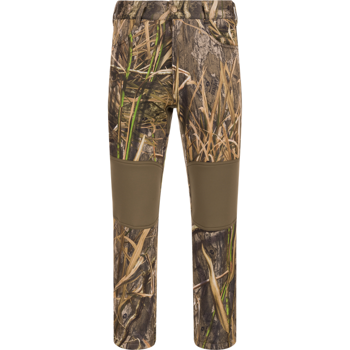 Endurance Jean Cut Wader Pant with camouflage pattern, featuring front slash pockets, rear pockets, and adjustable waist for hunting comfort and protection.