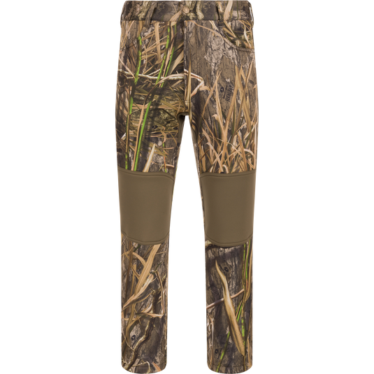 Endurance Jean Cut Wader Pant with camouflage pattern, featuring front slash pockets, rear pockets, and adjustable waist for hunting comfort and protection.