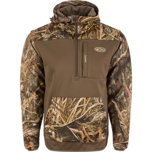 MST Endurance Half Zip Softshell Hoodie featuring a camouflage pattern, adjustable fleece-lined hood, Magnattach™ chest pocket, kangaroo pocket, and mesh-lined sleeves for mobility.