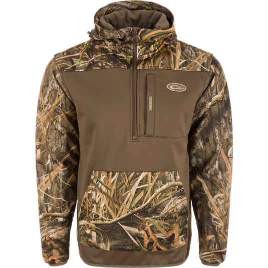 MST Endurance Half Zip Softshell Hoodie featuring a camouflage pattern, adjustable fleece-lined hood, Magnattach™ chest pocket, kangaroo pocket, and mesh-lined sleeves for mobility.