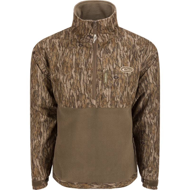 MST Half Zip Eqwader Jacket featuring waterproof upper body, breathable fleece lower body, close-up of zipper, and fabric details. Ideal for waterfowl hunting.