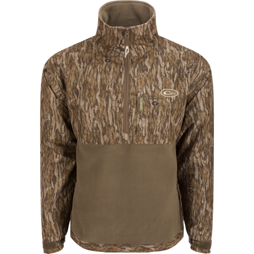 MST Half Zip Eqwader Jacket featuring waterproof upper body, breathable fleece lower body, close-up of zipper, and fabric details. Ideal for waterfowl hunting.