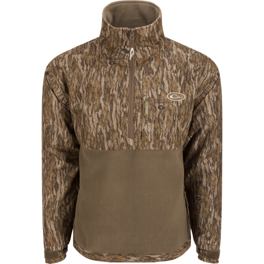 MST Half Zip Eqwader Jacket featuring waterproof upper body, breathable fleece lower body, close-up of zipper, and fabric details. Ideal for waterfowl hunting.