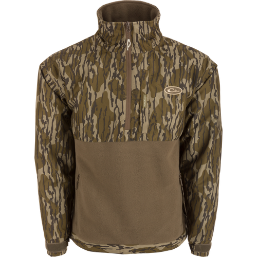 MST Half Zip Eqwader Jacket featuring waterproof sleeves, ultra-breathable fleece lower body, and multiple zippered pockets, designed for waterfowl hunting comfort and performance.