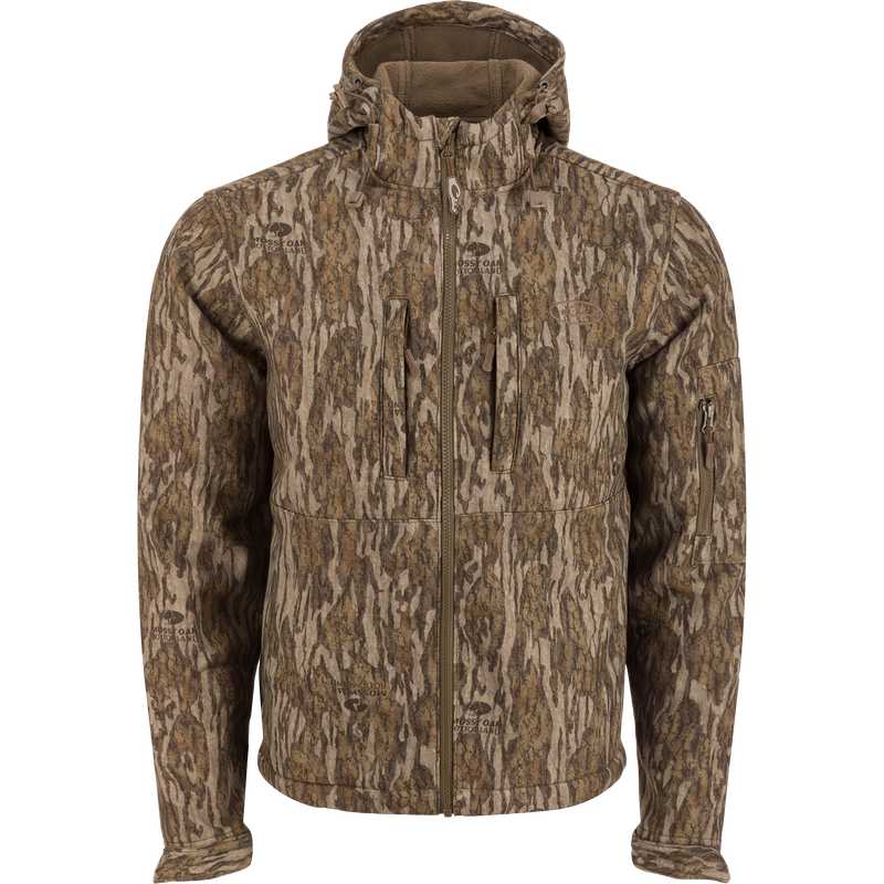 MST Ripstop Softshell Jacket with adjustable hood, zippered chest pockets, and a durable polyester shell, offering wind and water resistance for rugged outdoor activities.