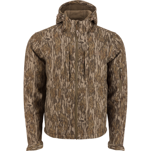 MST Ripstop Softshell Jacket with adjustable hood, zippered chest pockets, and a durable polyester shell, offering wind and water resistance for rugged outdoor activities.