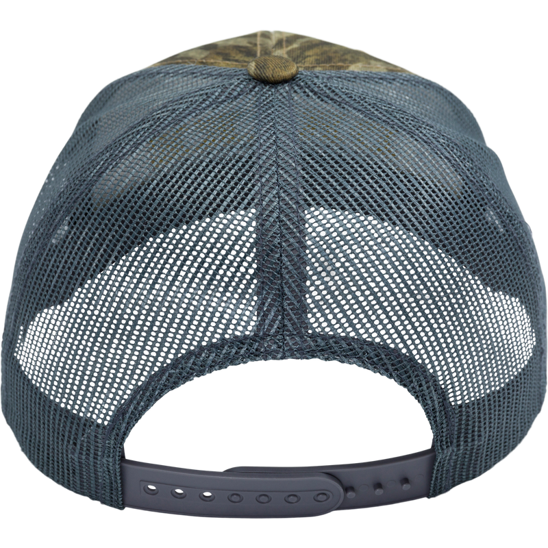 The Waterfowl Company Logo Trucker Rope Cap with structured crown, mesh back, and adjustable snap back closure, ideal for outdoor adventures.