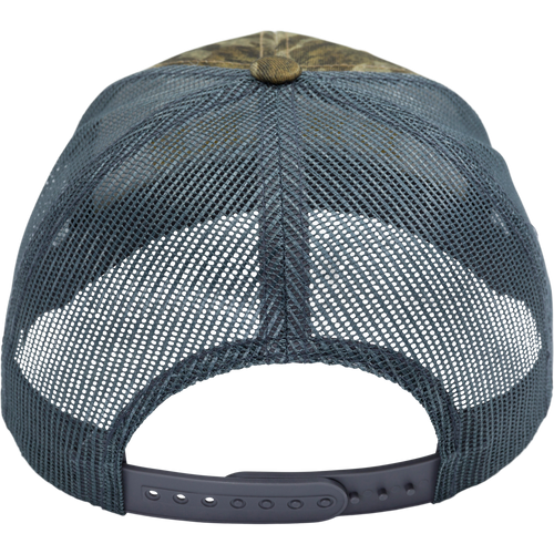 The Waterfowl Company Logo Trucker Rope Cap with structured crown, mesh back, and adjustable snap back closure, ideal for outdoor adventures.