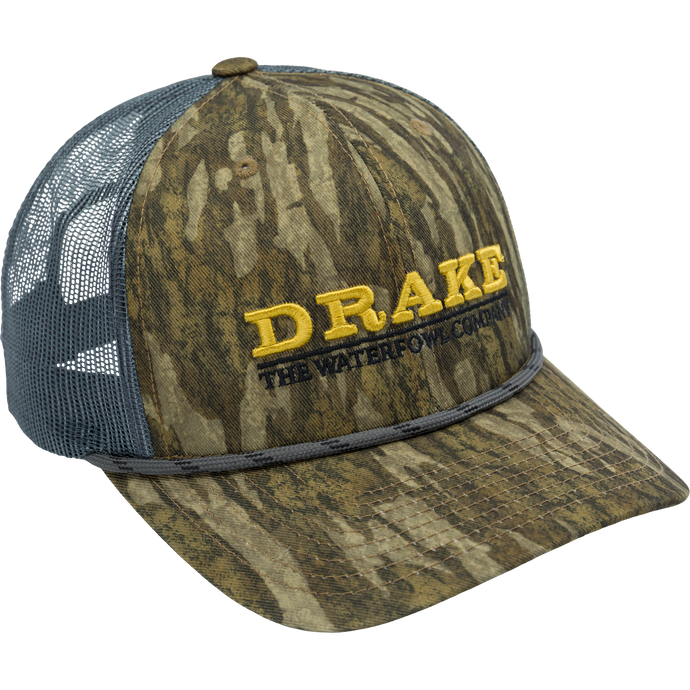 The Waterfowl Company Logo Trucker Rope Cap with mesh back, structured crown, and adjustable snap back closure, ideal for outdoor adventures.