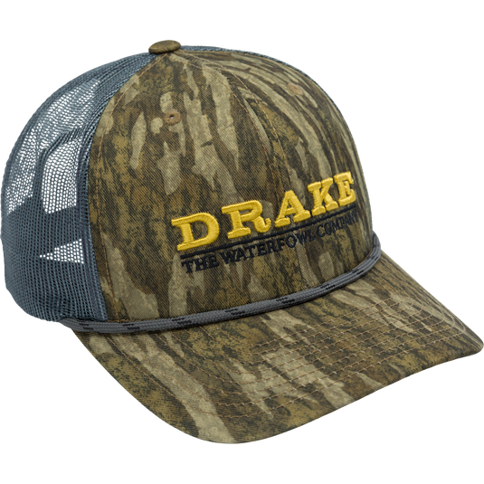 The Waterfowl Company Logo Trucker Rope Cap with mesh back, structured crown, and adjustable snap back closure, ideal for outdoor adventures.