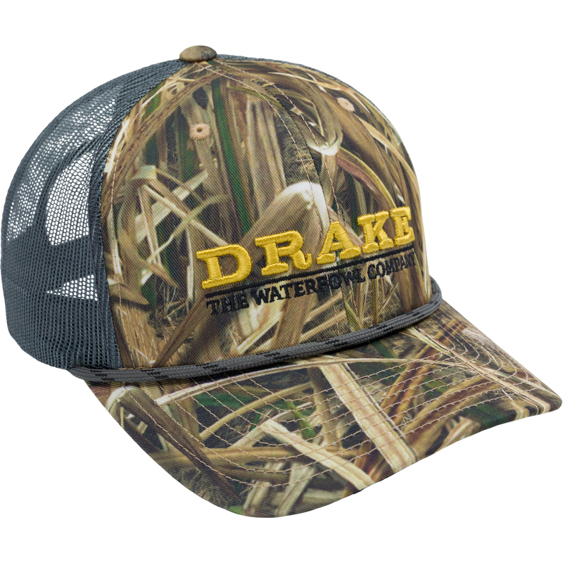 The Waterfowl Company Logo Trucker Rope Cap with camo pattern, structured crown, mesh back, and adjustable snap closure, ideal for outdoor adventures.