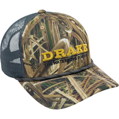 The Waterfowl Company Logo Trucker Rope Cap with camo pattern, structured crown, mesh back, and adjustable snap closure, ideal for outdoor adventures.