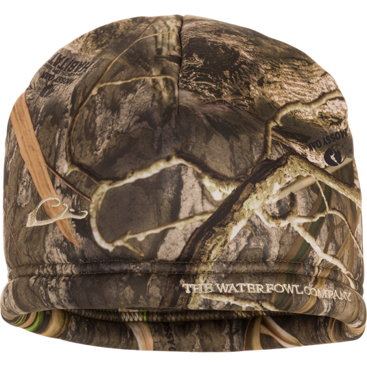 Close-up of The Waterfowl Company Softshell Sherpa Beanie, featuring durable 100% polyester fabric with warm Sherpa fleece lining, ideal for outdoor activities.