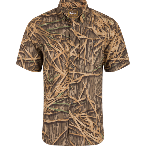 Short-Sleeved Flyweight Camo Hunting Shirt with vented cape back, hidden zippers on chest pockets, and moisture-wicking, quick-drying lightweight Dobby fabric.