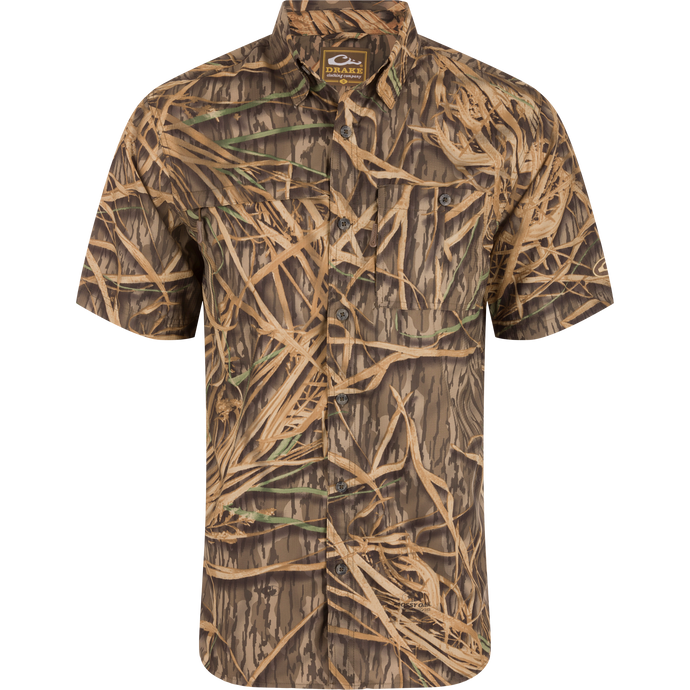 Short-Sleeved Flyweight Camo Hunting Shirt with vented cape back, hidden zippers on chest pockets, and moisture-wicking, quick-drying lightweight Dobby fabric.