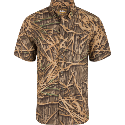 Short-Sleeved Flyweight Camo Hunting Shirt with vented cape back, hidden zippers on chest pockets, and moisture-wicking, quick-drying lightweight Dobby fabric.