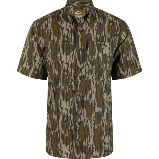 Alt text: Camouflage Flyweight Short Sleeve Shirt on a mannequin, featuring a vented cape back and hidden zippers on both chest pockets.