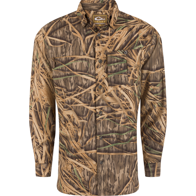 Long-Sleeved Flyweight Camo Hunting Shirt with vented cape back, hidden zippers, and adjustable roll-up sleeves. Made from moisture-wicking, quick-drying polyester with UPF 30 protection.