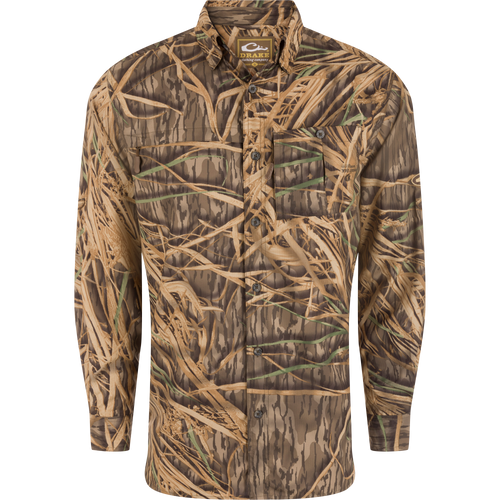 Long-Sleeved Flyweight Camo Hunting Shirt with vented cape back, hidden zippers, and adjustable roll-up sleeves. Made from moisture-wicking, quick-drying polyester with UPF 30 protection.