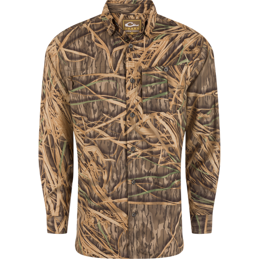 Long-Sleeved Flyweight Camo Hunting Shirt with vented cape back, hidden zippers, and adjustable roll-up sleeves. Made from moisture-wicking, quick-drying polyester with UPF 30 protection.