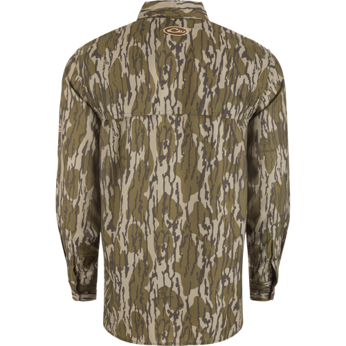 Back view of the Long-Sleeved Flyweight Camo Hunting Shirt with a vented cape back and hidden zippers on chest pockets.