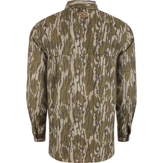 Back view of the Long-Sleeved Flyweight Camo Hunting Shirt with a vented cape back and hidden zippers on chest pockets.