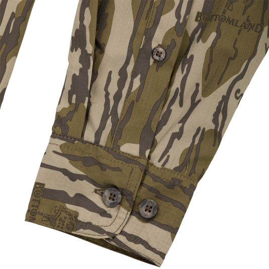 Close-up of the Long-Sleeved Flyweight Camo Hunting Shirt showcasing buttons and fabric details.