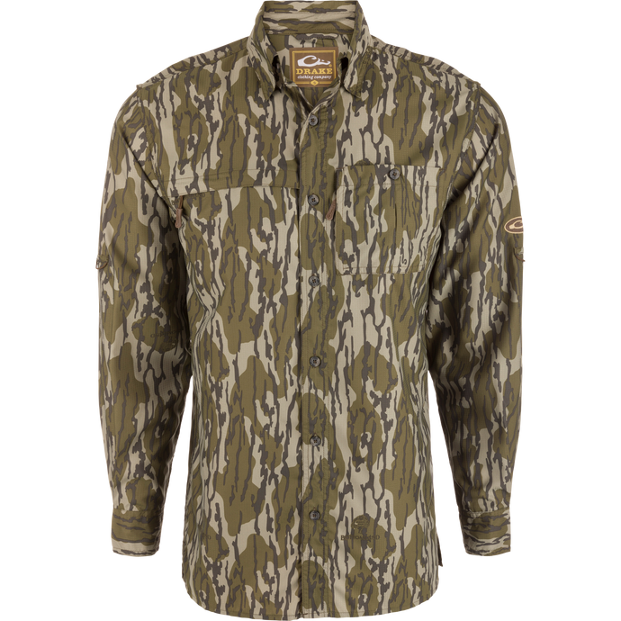 Long-Sleeved Flyweight Camo Hunting Shirt with vented cape back, hidden zippers, and adjustable roll-up sleeves, featuring Old School Camo pattern for hunting.