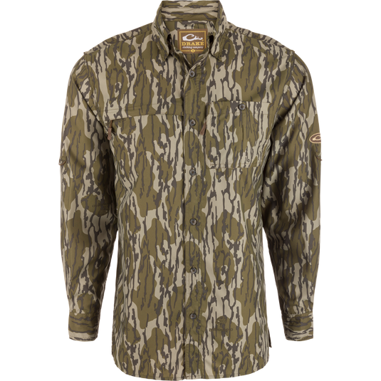 Long-Sleeved Flyweight Camo Hunting Shirt with vented cape back, hidden zippers, and adjustable roll-up sleeves, featuring Old School Camo pattern for hunting.