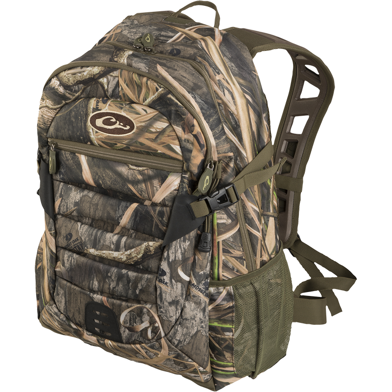 Youth Camo Drake Daypack with padded shoulder straps, chest strap, large zippered storage, hydration pouch, mesh pockets, and water bottle holders.