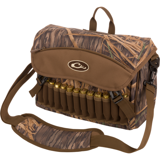 Shoulder Bag 2.0 for guides and outfitters, featuring 650 cu in storage, adjustable strap, durable hardware, 13 neoprene shell loops, and multiple pockets for hunting essentials. From Drake Waterfowl.