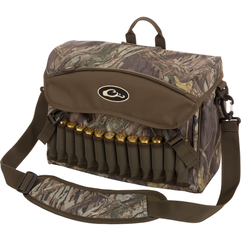 A rugged Shoulder Bag 2.0 by Drake Waterfowl, ideal for guides and outfitters. Features HD2™ material, adjustable strap, improved zipper, 13 neoprene shell loops, and ample storage pockets. Dimensions: 13L x 9H x 5D.