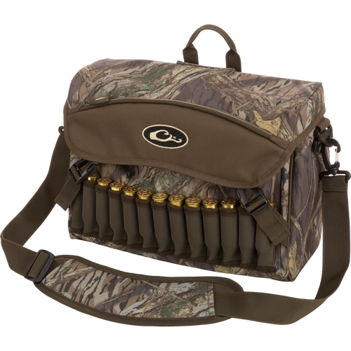 A rugged Shoulder Bag 2.0 by Drake Waterfowl, ideal for guides and outfitters. Features HD2™ material, adjustable strap, improved zipper, 13 neoprene shell loops, and ample storage pockets. Dimensions: 13L x 9H x 5D.