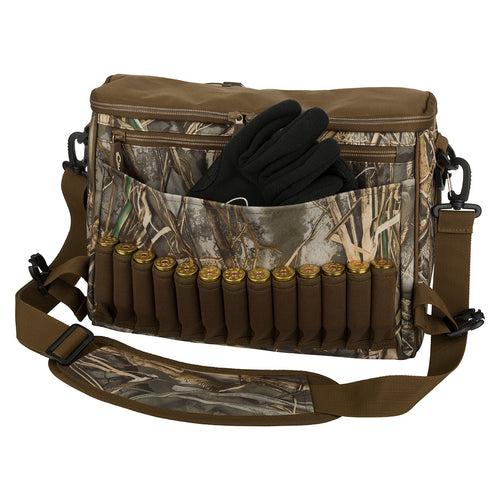 Shoulder Bag 2.0 - Realtree Max-7 with adjustable strap, black glove, and shotgun shells for illustrative purposes only.