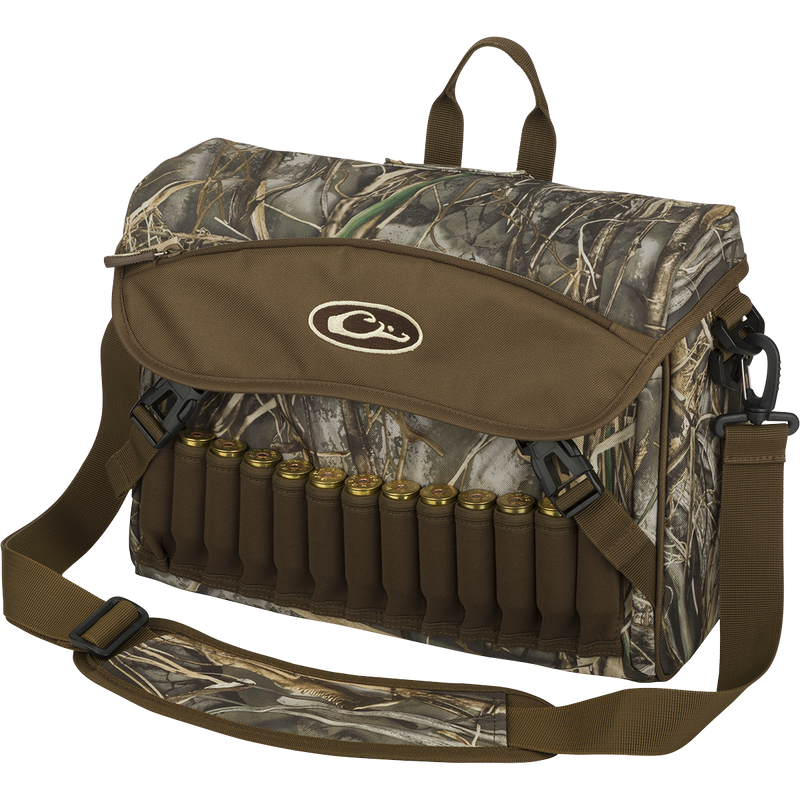 Shoulder Bag 2.0 - Realtree Max-7 featuring an adjustable strap, multiple storage pockets, neoprene shell loops, and interior choke tube sleeves, displayed with illustrative shotgun shells.