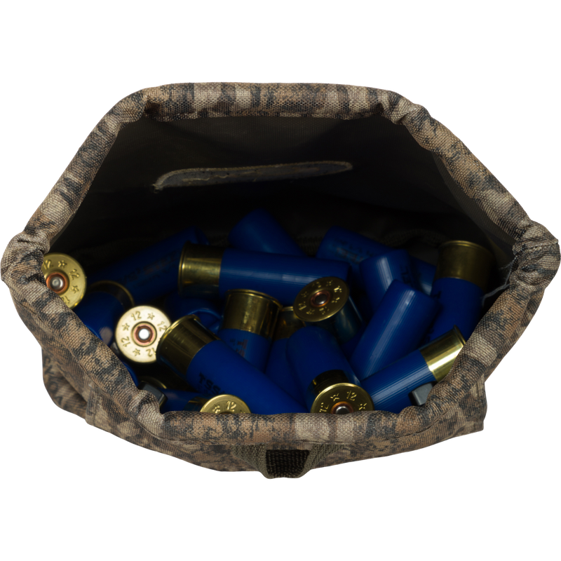 Waterfowler's Shell Bag filled with blue shotgun shells, featuring durable fabric and corrosion-resistant brass grommets for secure storage and easy access.