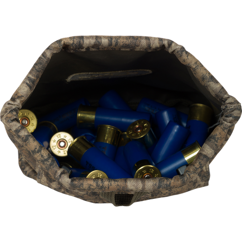 Waterfowler's Shell Bag filled with blue shotgun shells, featuring durable fabric and corrosion-resistant brass grommets for secure storage and easy access.