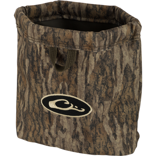 Waterfowler's Shell Bag with logo, featuring durable metal spring-open closure, front and rear webbing loops for grip and hanging, and corrosion-resistant brass grommets for drainage.