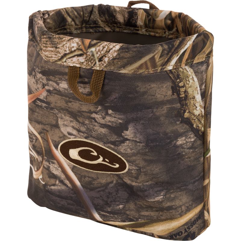 Waterfowler's Shell Bag featuring a camouflage pattern, durable metal spring-open secure closure, front and rear webbing loops, and corrosion-resistant brass grommets.