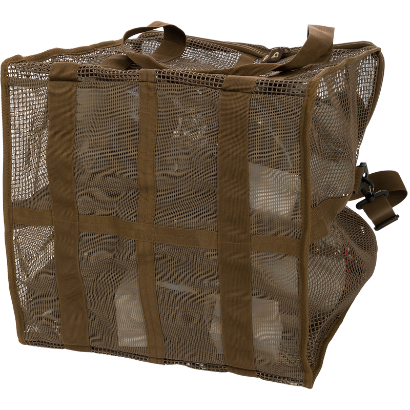 Brown mesh Floater Series Decoy Bag with zippered lid and polypropylene shoulder straps, featuring durable, quick-drying vinyl-coated mesh for secure, easy transportation of decoys.