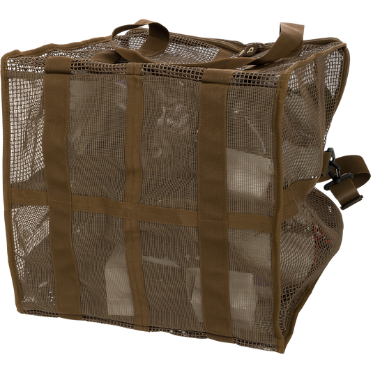 Brown mesh Floater Series Decoy Bag with zippered lid and polypropylene shoulder straps, featuring durable, quick-drying vinyl-coated mesh for secure, easy transportation of decoys.