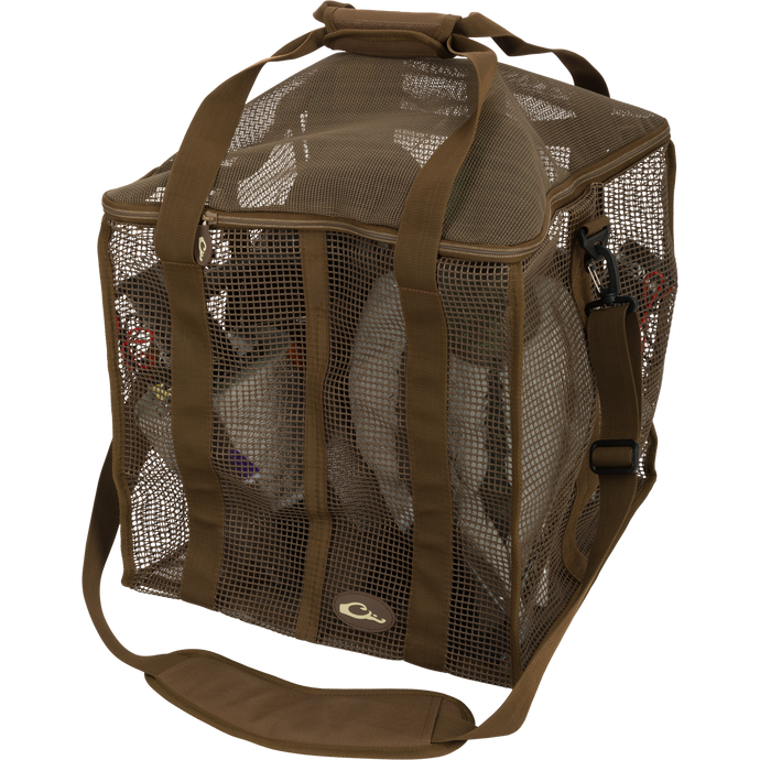 Floater Series Decoy Bag: a brown mesh bag with a strap, featuring a zippered top and multiple slots for decoys.