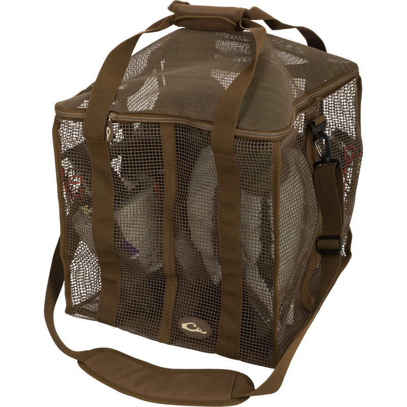 Floater Series Decoy Bag: a brown mesh bag with a strap, featuring a zippered top and multiple slots for decoys.